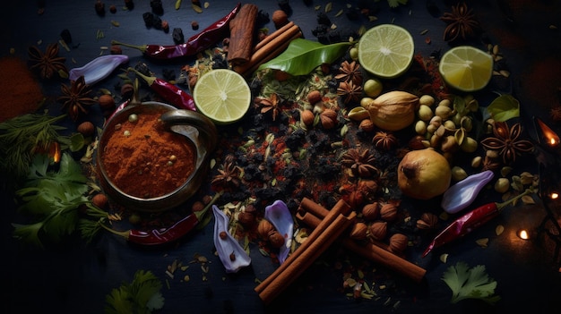 spices and spices on a black background