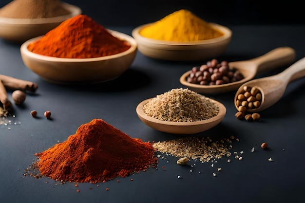 Spices and spices on a table with a blue background