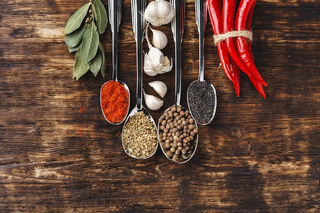 Spices in spoons on dark wooden background top view