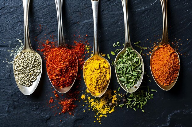 Spices on Spoons Isolated on a Dark Background