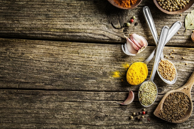 Spices in spoons on wooden background