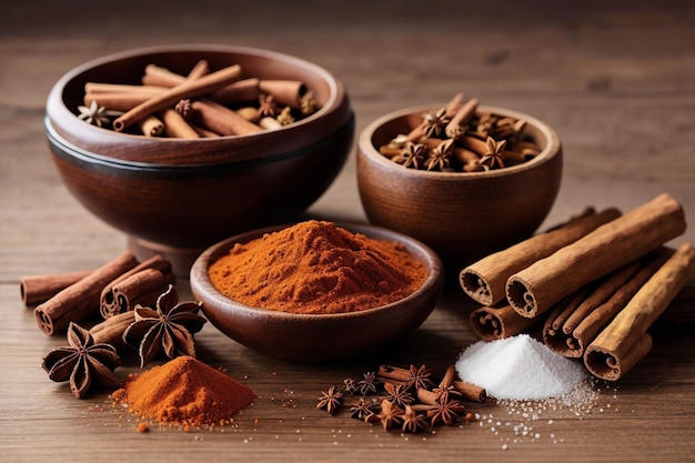 Spices such as cloves cinnamon and salt are displayed on a table