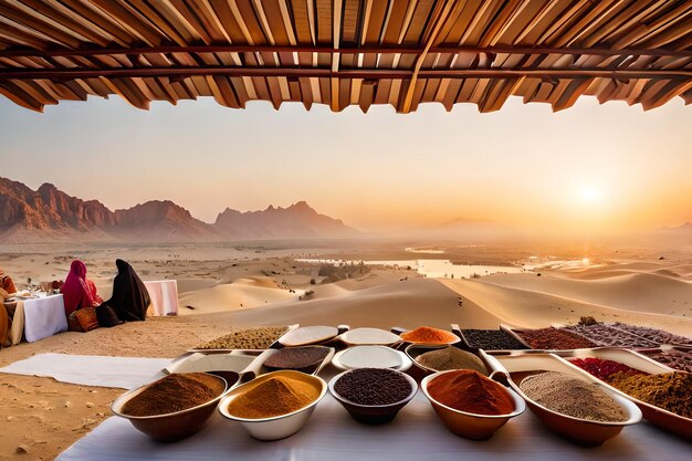 Spices on a table in the desert