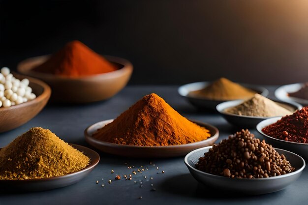 Spices on a table, including one that says spices.