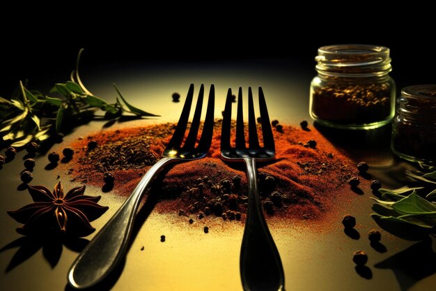 Spices on table with forks