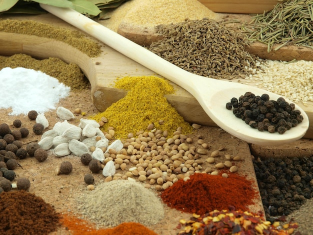 Spices on a table with a spoon