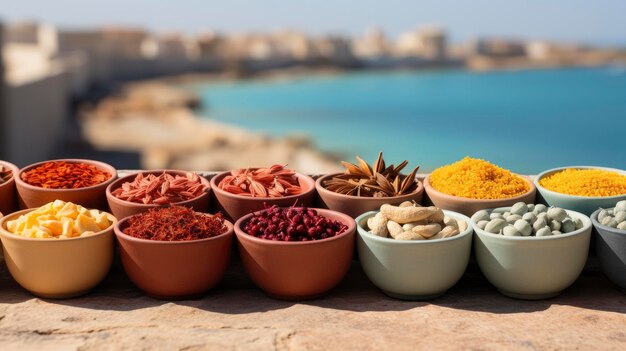 Photo spices on a table with a view of the sea