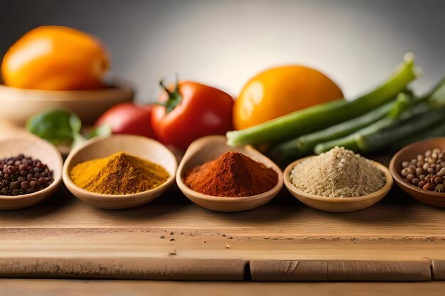 spices and vegetables are displayed on a wooden board.