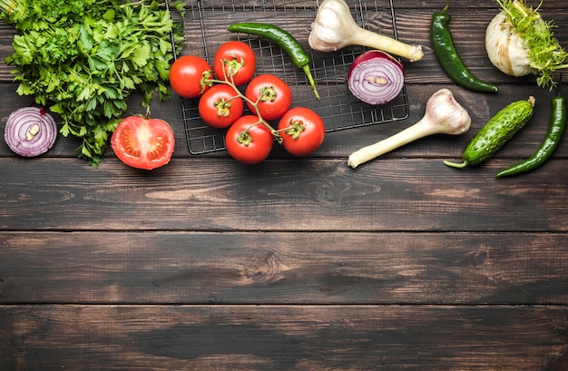 Photo spices and vegetables for salad copy space