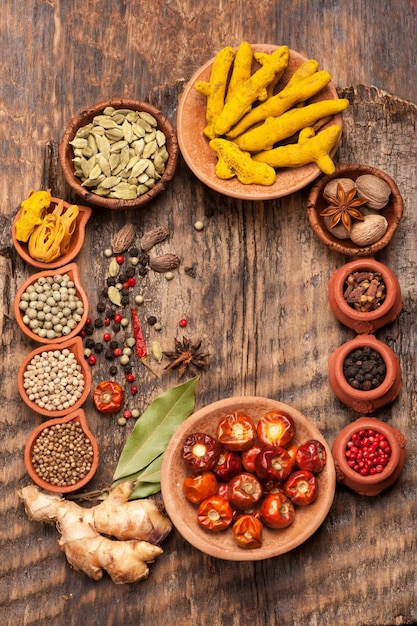Spices on a wooden background Top view