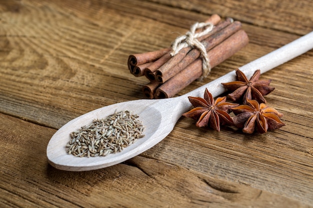 Spices on a wooden background