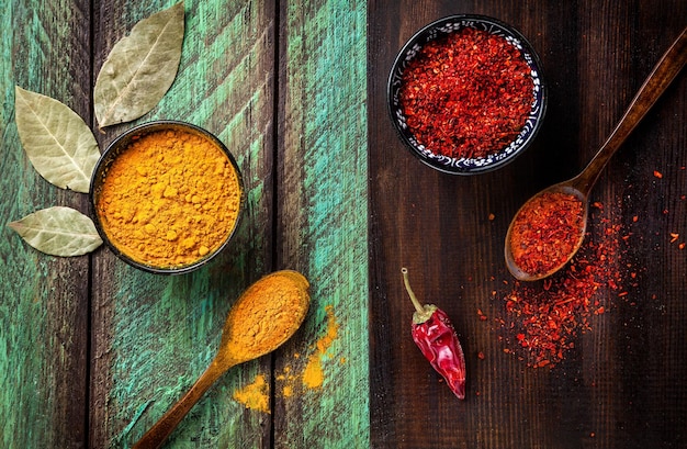 Spices on wooden background