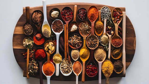 Spices on wooden board and in spoons