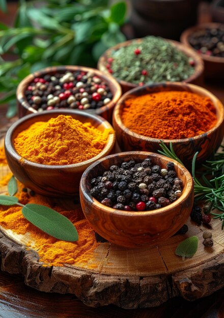 Photo spices in wooden bowl a group of spices and herbs on a wooden surface