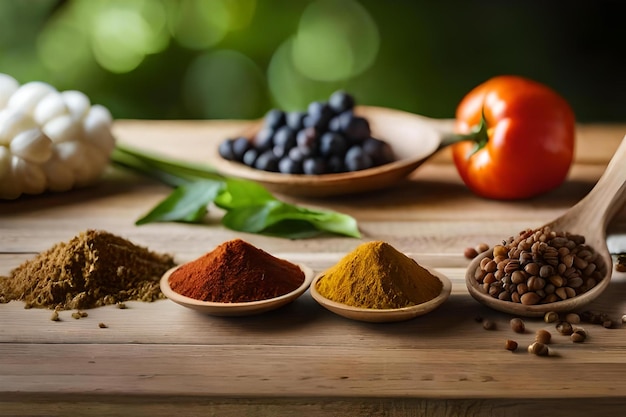 spices in a wooden bowl with a red pepper on the top.