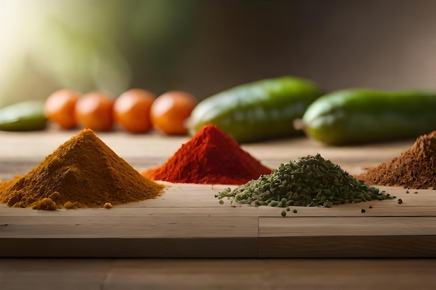 spices on a wooden cutting board with a background of a variety of vegetables.