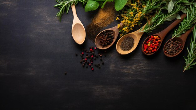 Spices and Wooden Spoon Captured on Black Table