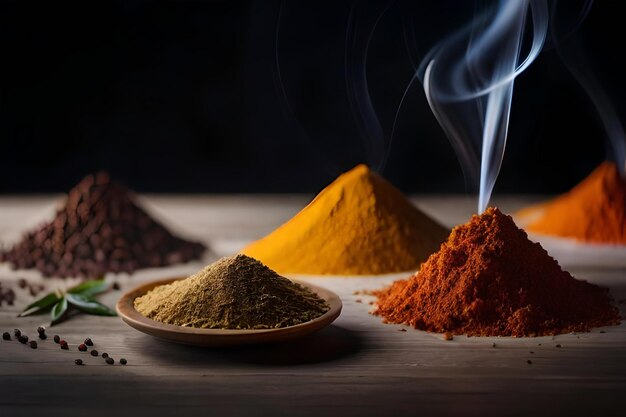 Spices on a wooden table with a bowl of spices in the background