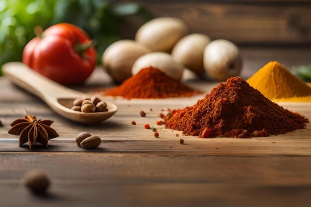 spices on a wooden table with a pan of garlic and garlic.