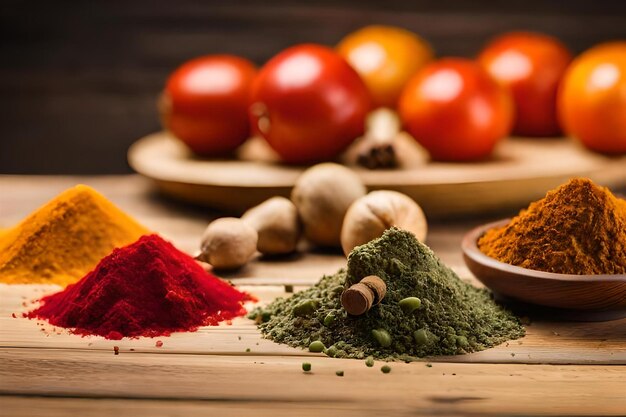 spices on a wooden table with a wooden background