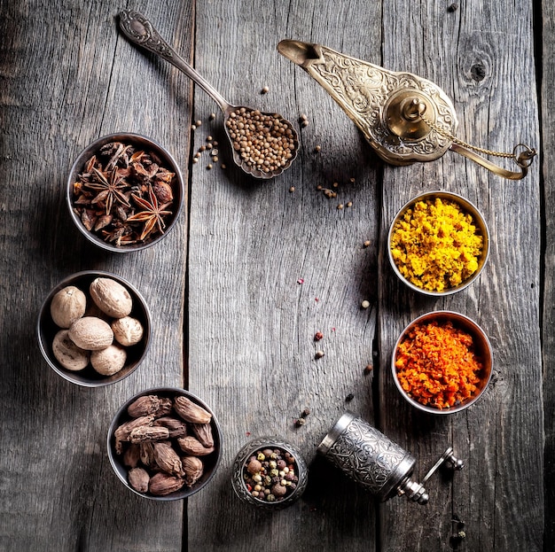 Spices at wooden table