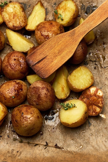 양피지 층에 로즈마리와 마늘을 넣은 쟁반에 매운 구운 감자