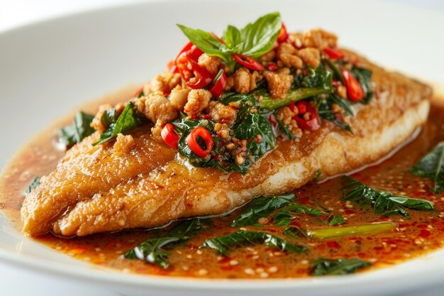 Photo spicy basil chicken plate authentic asian cuisine with fresh herbs and chili peppers on white