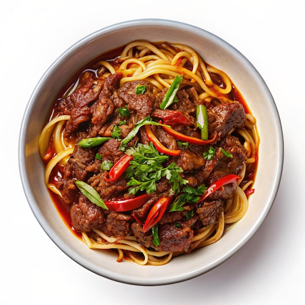 Photo spicy beef noodles top view close range realist