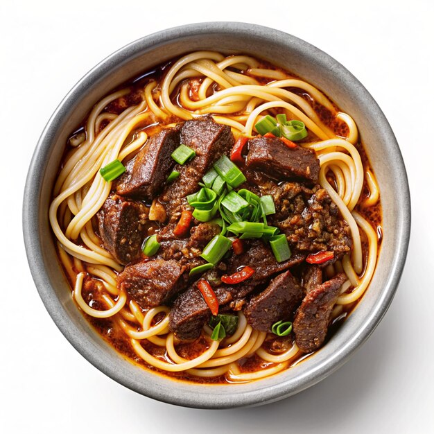 Photo spicy beef noodles top view close range realist