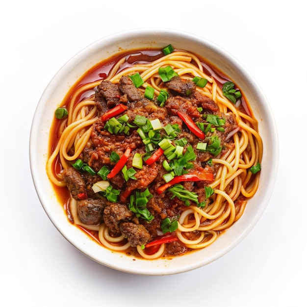 Photo spicy beef noodles top view close range realist