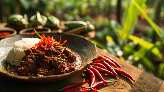 Spicy Beef Rendang with Extra Chili against a vibrant chili farm