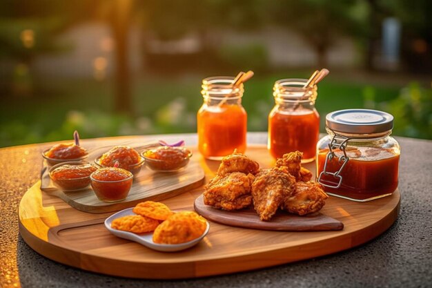 Foto piatto di ali di pollo di bufalo piccante su tavola di legno con salse da immersione e barbecue sullo sfondo