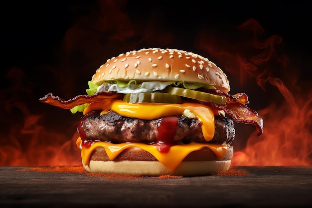 Spicy burger on black background AI generated