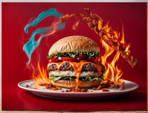 Пикантный куриный бургер с огнем в тарелке на красном потрясающем фоне