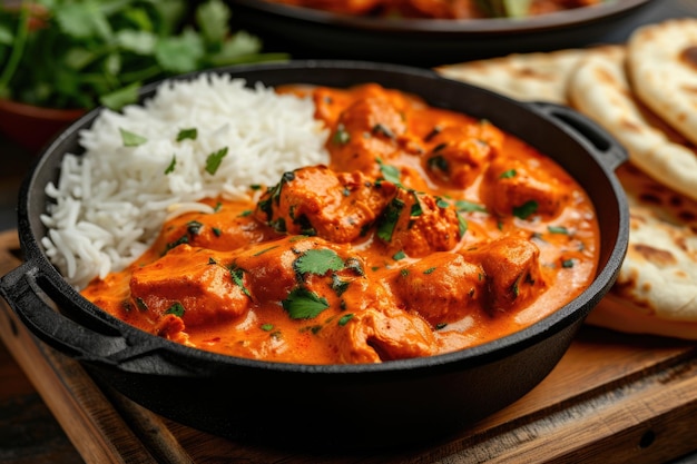 Spicy chicken curry with rice and naan