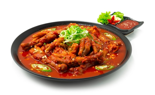 Острое тушеное мясо с куриными ножками Дакбал в корейском стиле с перцем чили, чесноком и соусом кочуджанг, вид сбоку