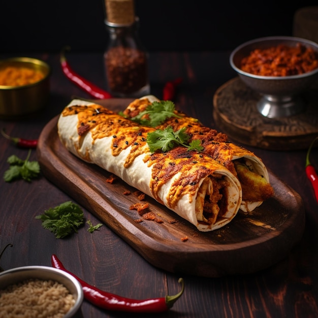 A spicy chicken paratha roll with chillies and spicy