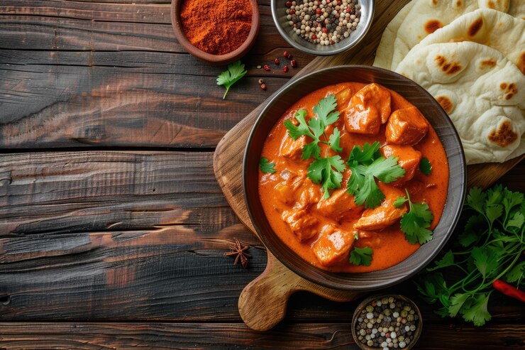 Photo spicy chicken tikka masala with rice naan bread spices traditional indian british dish