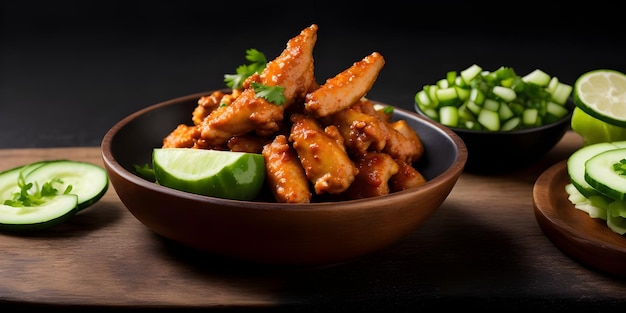 Spicy Chicken Wings with cucumber relish peri peri sauce in the plate minimalist