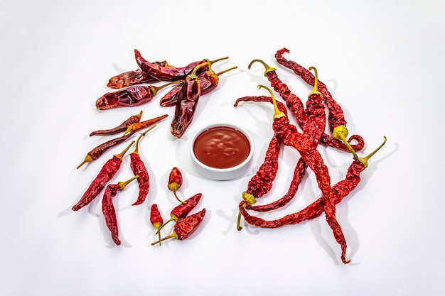 Spicy chili sauce in bowl with hot chili peppers