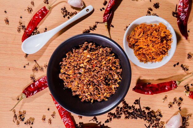 spicy and chilli on black dish