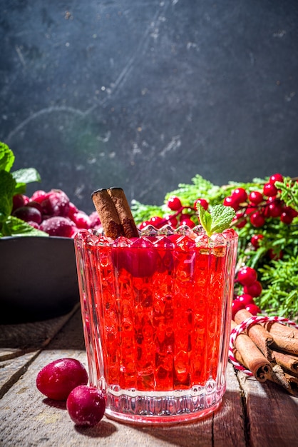 Cocktail piccante di mirtilli rossi con stecca di cannella e menta
