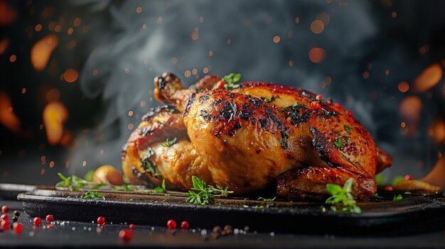 Photo spicy and fiery grilled chicken set against a dark backdrop