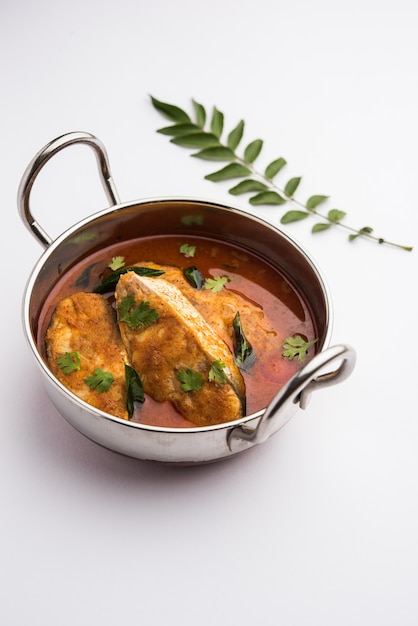 Spicy Fish Curry - kerala, konkan, bengal, goa style in Red and brown colour, served with rice