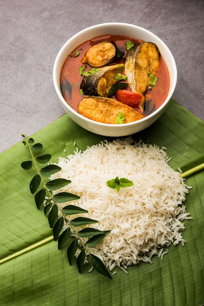 Spicy Fish Curry - kerala, konkan, bengal, goa style in Red and brown colour, served with rice