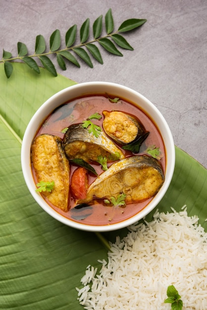 Spicy Fish Curry - kerala, konkan, bengal, goa style in Red and brown colour, served with rice