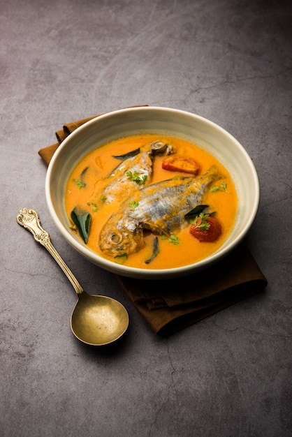 Spicy Fish Curry - kerala, konkan, bengalen, goa-stijl in rode en bruine kleur, geserveerd met rijst