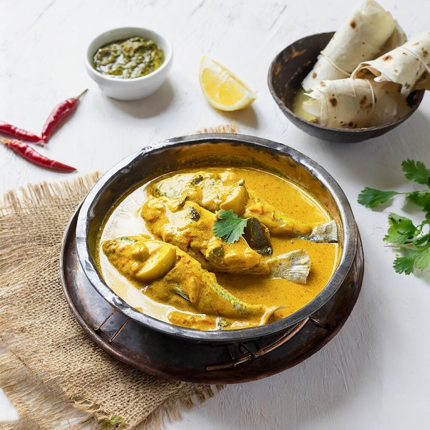 Spicy Fish curry_Seer fish curry traditional Indian fish curry white background
