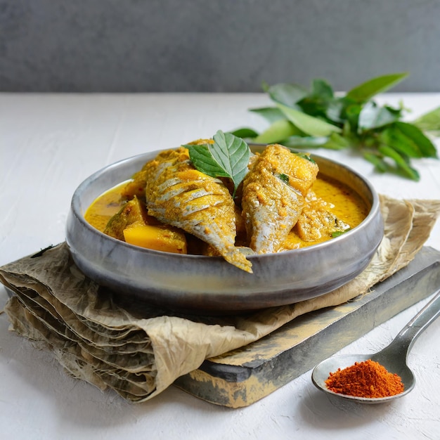 Photo spicy fish curry_seer fish curry traditional indian fish curry white background