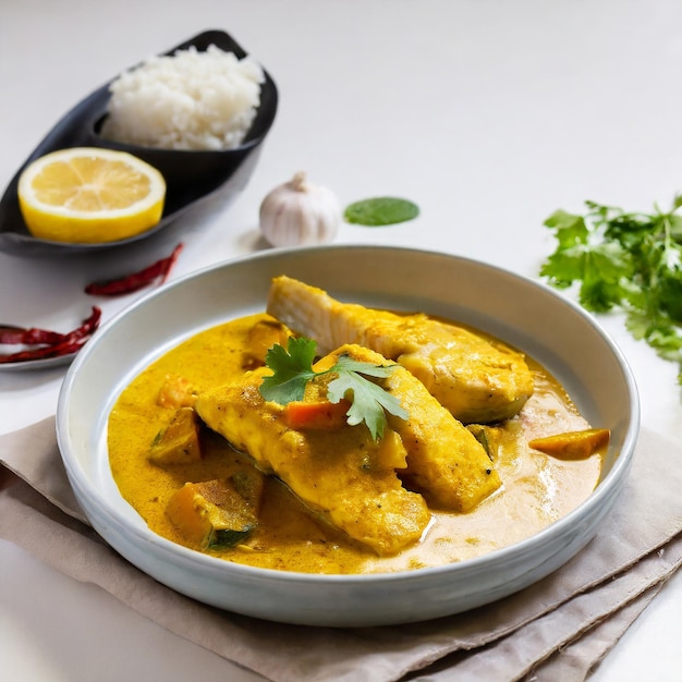 Spicy fish curry_seer fish curry traditional indian fish curry white background